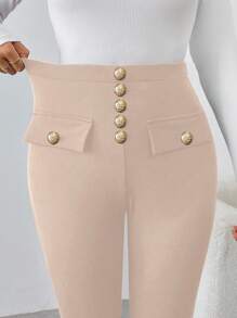 SHEIN Unity Women's Casual High-Waisted Solid Color Slim Fit Pants - Apricot - View 7
