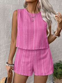 SHEIN LUNE Plus-Size Ladies' Woven Casual Summer Two Pieces Set