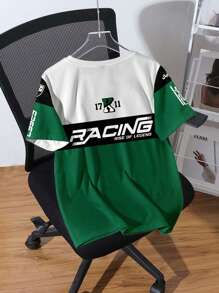 SHEIN EZwear 休闲运动风格赛车服运动服，徽章和字母印花宽松圆领短袖 T 恤，女士，夏季 - 彩色 - 查看 2