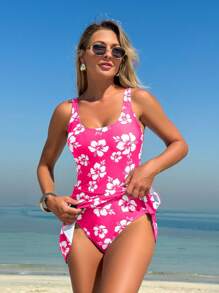 Swim Lushoire 1 bộ đồ bơi một mảnh in họa tiết bãi biển dành cho nữ - Màu Hồng Tươi - Xem 3