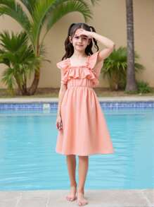 Tween Girls Textured Fabric Ruffle Trim & Cap Sleeve Dress - Pink - View 7