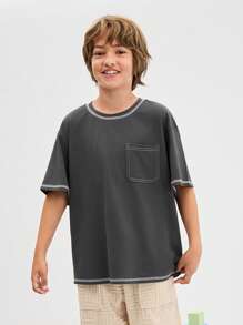 Leap Crew Leap Crew Tween Boys' Loose Casual Minimal Comfy Round Neck Short Sleeve Color Block Trim T-Shirt - Grey - View 3