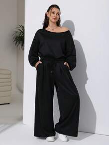 Solflare Plus Size Women Solid Color Asymmetrical Neck Long Sleeve Sweatshirt & Wide Leg Pants, 2 Pieces Set, Casual - Black - View 4
