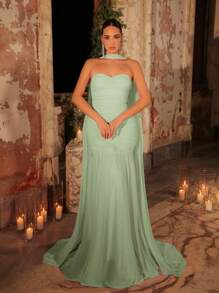 Glamrae Váy dạ hội trang trọng hở lưng có thể điều chỉnh, lưới xếp nếp màu tím nhạt thanh lịch, eo cao, đuôi cá, có thể mặc nhiều lần (Áo choàng dài mặc nhiều lần) - Màu xanh Bạc hà - Xem 5