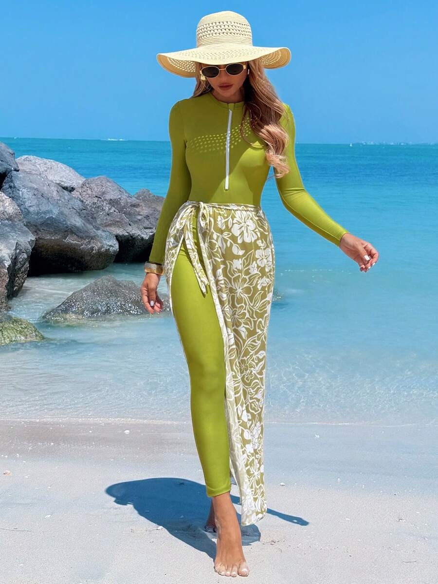 Swim Shayni 3pcs Set Solid Color Zipper Partial-Zip Round Neck Long Sleeve Jumpsuit With Patterned Dress For Women Swimsuit For Summer Beach Vacation - Green - View 1