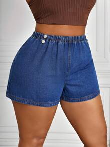 SHEIN Clasi Plus Size Elastic Waist Fitted Denim Shorts, Blue Summer Vacation Cowgirl Western Wear Women Business Casual Woman Festival Airport Graduation Ibiza Beach Hawaii Concert Boho 2025 High Waisted Shorts Suitable For Daily Wear 4th Of July Women - Blue - View 4