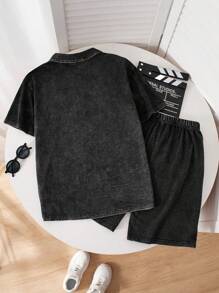 Teenager & Young Men Vintage Washed Fabric Button Down Shirt And Shorts Set, Loose Casual Outfit For Daily Wear And Outdoor Activities, School, Campus, College