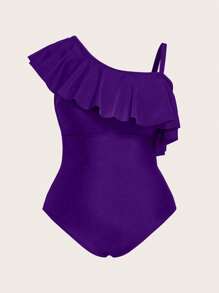 Swim Oasis Bộ đồ bơi liền thân họa tiết ngựa vằn cỡ lớn 2025 cho nữ màu trơn không đối xứng xếp nếp có váy quấn - Màu tím - Xem 6