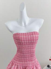 Flirla Pink Plaid Print Sweet Girl Beach Vacation Fitted Slim Dress - Pink - View 3