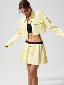 Menodora SHEIN Sport 2 件女士休闲纯色梭织短款宽松薄夹克和低腰裙套装 - 黃色 - 查看 7