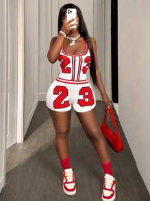 BamGleam Women's Tight-Fitting Jumpsuit With Red Number 23 Pattern, Fashionable For Summer - Multicolor - View 3