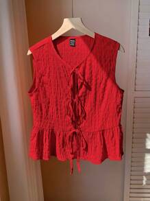 Comfortcana 女式无袖红色编织系带前褶边下摆衬衫，夏季 - 紅色 - 查看 4