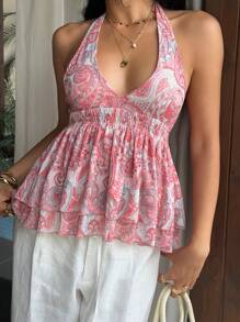 Sunnyshic Women's Summer Vacation Casual Mesh Paisley Print Halter Neck Tie-Back Bow Tank Top