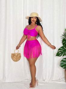 Slaydiva Plus Size Women 2pcs Set Halter Bandeau Top And Fringed Shorts Swimsuit, Beach Vacation Outfit For Summer - Hot Pink - View 3