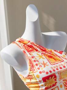 Lunelith SHEIN Lunessa Top court moulant avec épaule asymétrique froissée à la taille, imprimé graphique coloré. Décontracté, plage, élégant, mignon, quotidien, sortie, été pour femme