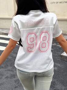 SHEIN Unity 女款短袖足球球衣，巴西足球 98 号图案印花，V 领，粉色和白色，时尚休闲 T 恤，适合日常穿着 - 白色 - 查看 2
