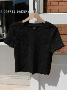 Comfortcana 基本款黑色针织提花圆领短袖T恤，夏季 - 黑色 - 查看 3