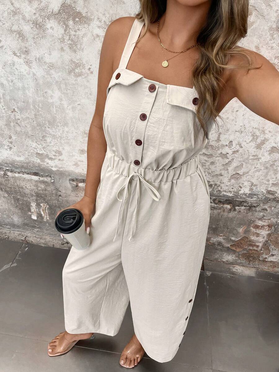 SHEIN LUNE Plus Size Sleeveless Button Jumpsuit - Apricot - View 1