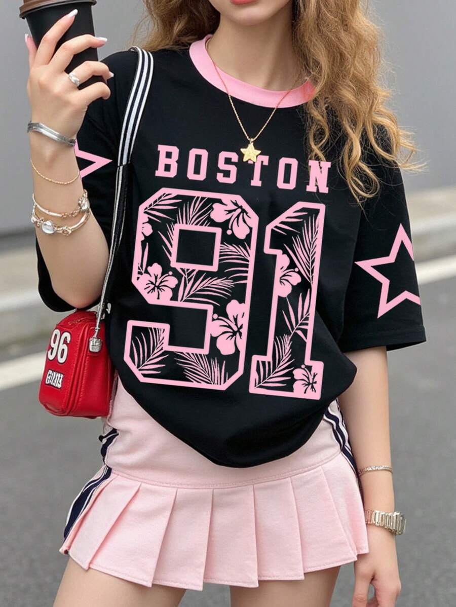 SHEIN Coconut Girl Pink Hibiscus & Digit Print Casual Loose Knit Tee Shirt, Oversized For Teen Girls, Summer - Multicolor - View 1