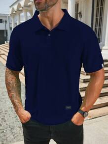 Manfinity Homme Plus Size Men's Casual Daily Short Sleeve Polo Shirt, Formal - Navy Blue - View 3