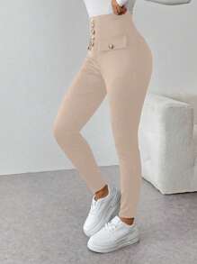 SHEIN Unity Women's Casual High-Waisted Solid Color Slim Fit Pants - Apricot - View 4
