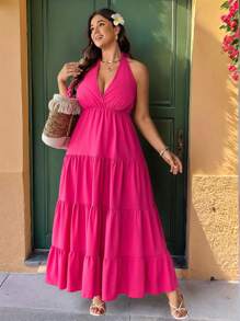 Flirla Plus Size Sexy Romantic Date Backless Bowknot Ruffle Hem Maxi Dress - Hot Pink - View 4