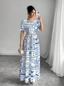 Yasmyna Vestido largo de moda para mujer con estampado de hojas de plantas frescas y flores pequeñas - Multicolor - Ver 1