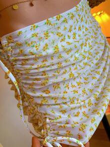 SHEIN MOD 3pcs Set:White Floral Bikini With Lattice Back Strap,Ruffled Mini Skirt Cover Up,Summer Tropical Bathing Suit For Beach Vacation,Pool Party,Holiday - Yellow - View 6