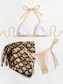 Swim Vcay Spring & Summer Fashionable Metallic Seashell Pattern 3 PiecesSexy Swimsuit Set, Beach Vacation