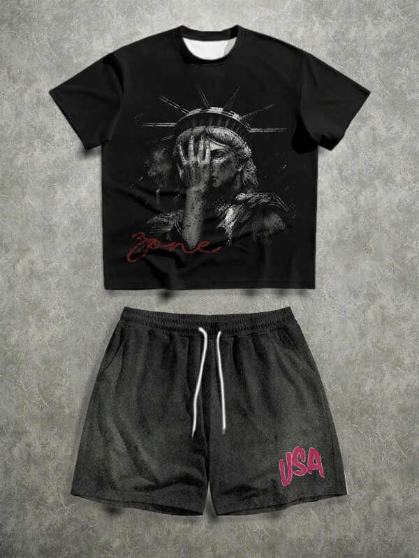 Manfinity ZONE917 Men's Street Style Loose Distressed Liberty Statue Face Print T-Shirt Set