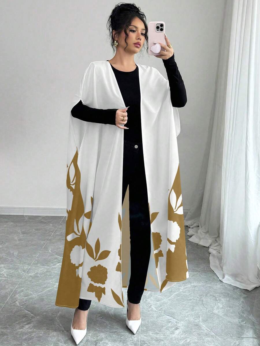 Elenzga Women's Floral Print Batwing Sleeve Long Cardigan - Coffee Brown - View 1