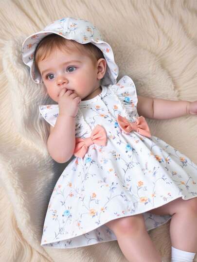 SHEIN 1 件新生儿女宝宝圆领无袖碎花蕾丝半开裙，带蝴蝶结，可爱柔软舒适，适合春夏季居家、日常穿着、户外活动