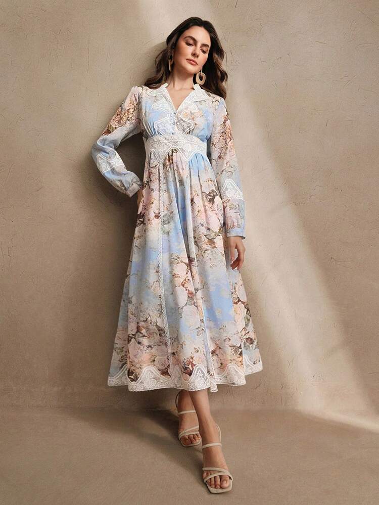 Digital Floral Print V-Neck Long Sleeve Cinched Waist Dress, Luxury Brand Resort Style