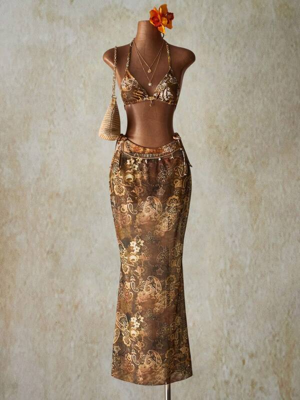 SHEIN ICON Women's Vacation Waist Print Maxi Cover-Up Skirt, Y2k Clothes Women