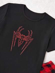 Spider Print Short Sleeve Top And Plaid Pants Men Pajama Set - Black - View 5