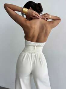 Firerie Women's Elegant Sleeveless Backless Halter Neck Fashion Blazer Set 2pcs Women Summer Elegant Casual Outfit, Work Clothes,Vacation, Graduation, Daily Wear,Commuter,Loose V-Neck Sleeveless Tied Waist Elastic Waist Straight Leg Pants, Beige In Fall/Winter