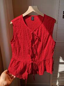 Comfortcana 女式无袖红色编织系带前褶边下摆衬衫，夏季 - 紅色 - 查看 5