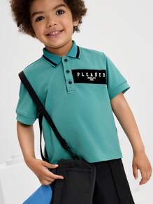 SHEIN Chemise polo à manches courtes pour garçons avec col, patchwork de couleurs contrastées, confort et minimalisme - Vert - Voir 3