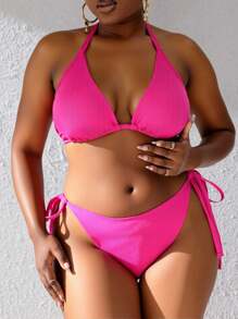 Slaydiva Plus Size Summer Beach Solid Color Halter Neck Backless Bikini Set With Separated Bikini Set, For Vacation - Hot Pink - View 3