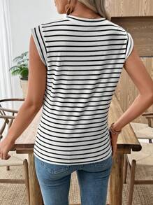 EMERY ROSE Women's Summer Striped Round Neck Cap Sleeve Casual Versatile T-Shirt Going Out Tops Women - Black and White - View 2