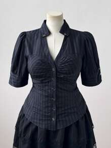 Sweetra Plus Size Women's Solid Color Ruffle Short Puff Sleeve Casual Blouse - Black - View 4