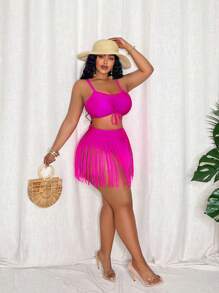 Slaydiva Plus Size Women 2pcs Set Halter Bandeau Top And Fringed Shorts Swimsuit, Beach Vacation Outfit For Summer - Hot Pink - View 4