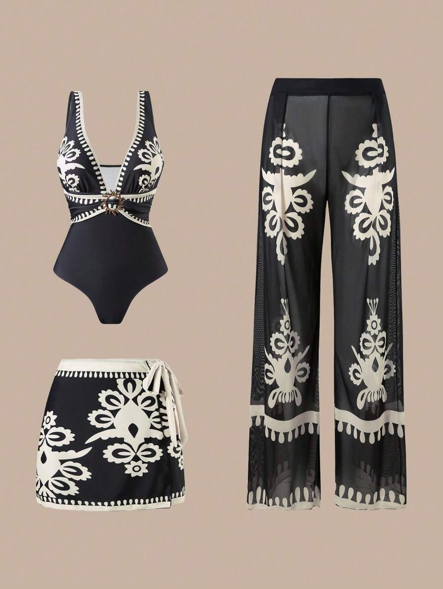 Swim Oasis 2pcs 2025 New Summer Women 1-Piece Swimsuit Set With Printed Deep V Neck Sleeveless Swimwear, Mesh Long Pants And Short Beach Skirt - Multicolor - View 1