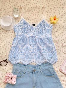 SHEIN EZwear Top canotta da donna con ricamo blu a bretelle, di moda per l'estate