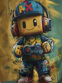 SHEIN Streecool Kids 青少年男孩休闲创意卡通游戏机像素人印花短袖基本款 T 恤，兄弟姐妹款（2 件单独出售）