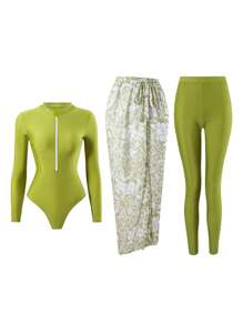 Swim Shayni 3pcs Set Solid Color Zipper Partial-Zip Round Neck Long Sleeve Jumpsuit With Patterned Dress For Women Swimsuit For Summer Beach Vacation - Green - View 6