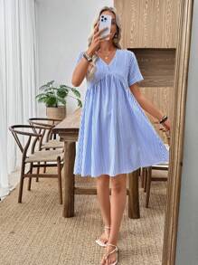 EMERY ROSE 女式优雅条纹V领短袖A字迷你连衣裙