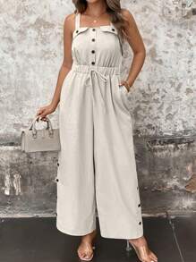 SHEIN LUNE Plus Size Sleeveless Button Jumpsuit - Apricot - View 5