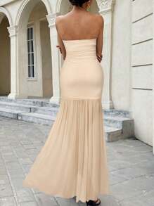 Siren Gaze Elegant Summer Outfits For Women: 2025 Strapless Maxi Dress With Sheer Mesh High Slit - Office Wear & Wedding Guest Dress Women, Easter Dress For Music Festival, Y2K Business Casual Chic Evening Gown Women Casual Dress Women Dresses Birthday Women S Clothes Women Summer Clothing Woman S Summer Clothes Beige Midi Dress Tan Midi Dress Nude Midi Dress Strapless Midi Dress Elegant Midi Dress - Apricot - View 3