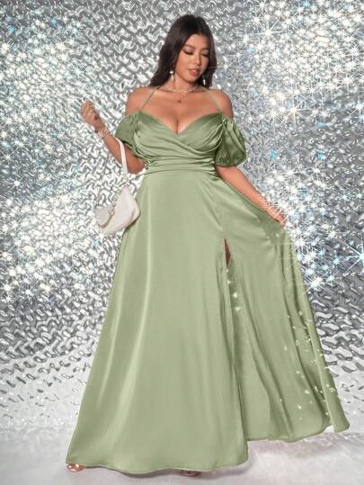 Viva Relle Vestido camisero elegante y sexy con volantes y abertura lateral para tallas grandes